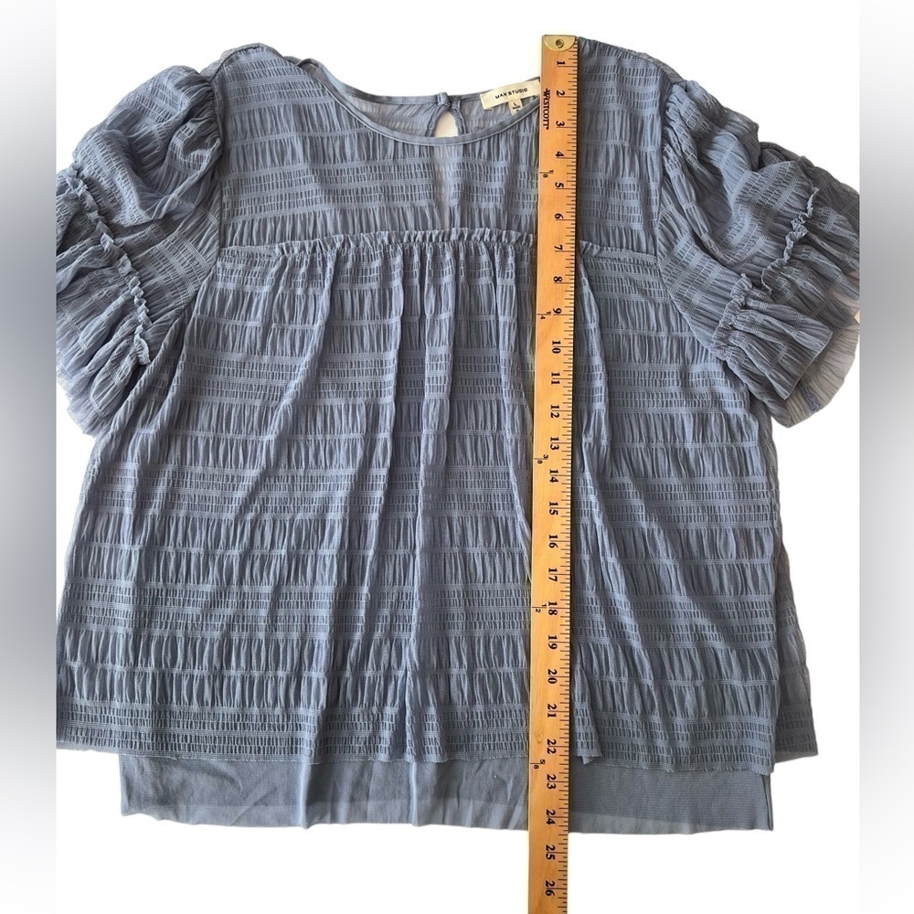 Max Studio Blouse L Cornflower Blue Mesh Flowy Top - Picture 8 of 12